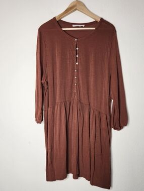 Peruvian Connection Womens XL Brown/ Orange Button Midi Shirt Dress Pockets